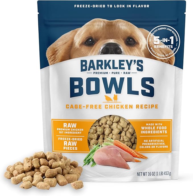 Barkley’s Bowls, Freeze-Dried Raw Chicken Dog Food, Fresh Whole Food Ingredients with Cage-Free Chicken, Grain Free, High Protein for Balanced Nutrition, Dog Treats or Topper, 16 Oz Bag (3 Pack)