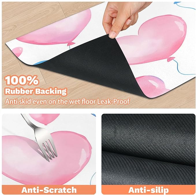 Valentine’s Day Dog Food Mat for Floors Absorbent, Quick Dry Water Dispenser Mat for Food, Water, Pet Supplies 24" x 32", Love Heart Balloons