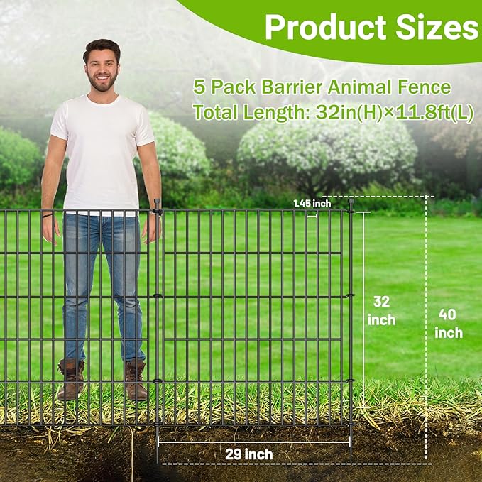 5 Panels No Dig Decorative Outdoor Garden Fence with Gate for Yard, 32 in(H) X 11.8 ft(L) Animal Barrier Fencing Rustproof Metal Wire Panel Border for Dog, Rabbits, and Patio Temporary Ground Stakes