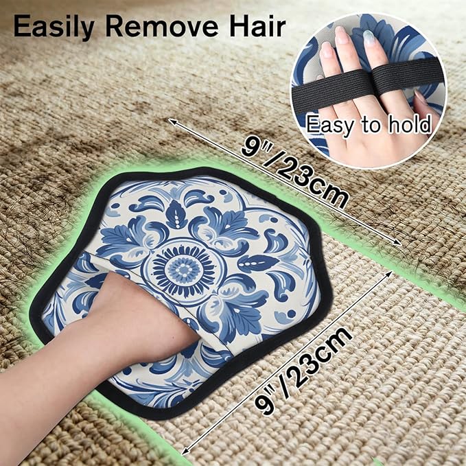 Reusable Pet Hair Removal Glove Blue Flower Design Magic Brush for Cat & Dog Hair Remover for Car, Sofa, Bedding, Clothes - 9x9 Mitt Washable