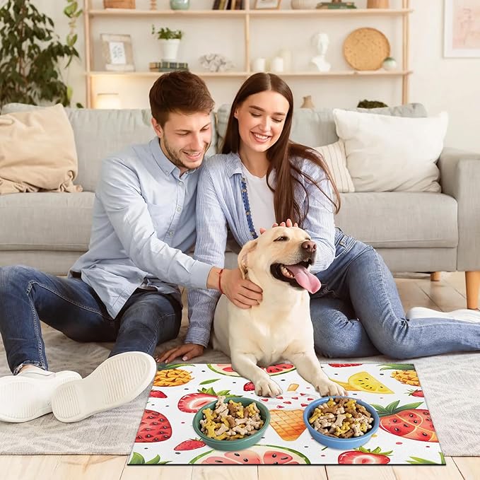 Ice Cream Dog Food Mat for Floors Absorbent Dog Bowl Mat for Food and Water Dispenser Quick Dry Cat Food Placemat Pet Supplies 24" x 32", Strawberry