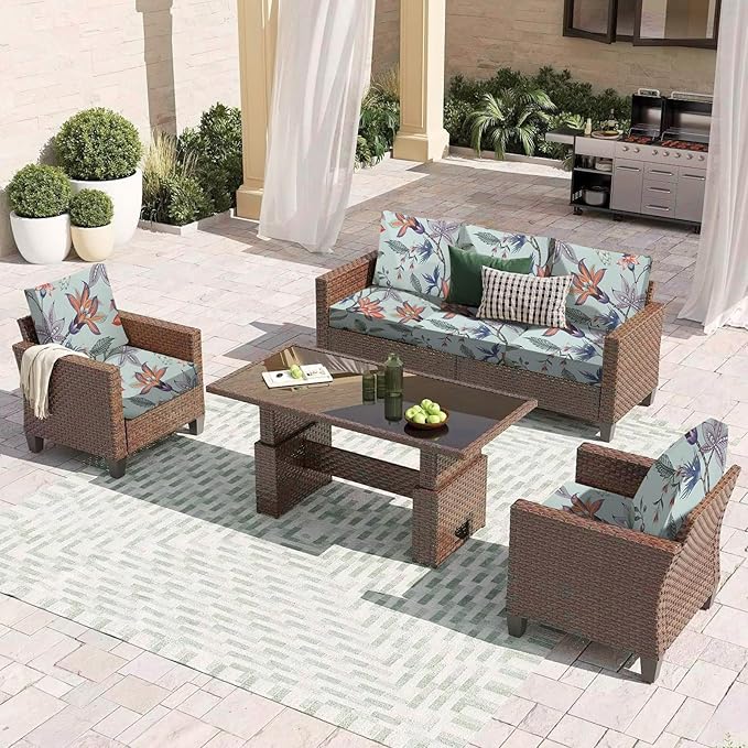 HANDONTIME 8Pcs Outdoor Patio Cushion Covers Boho Floral Stretch Couch Cushion Cover Chic Patio Couch Slipcover for Outdoor/Indoor Washable Non-Slip Furniture Protector for Pet (Blue, Cover Only)