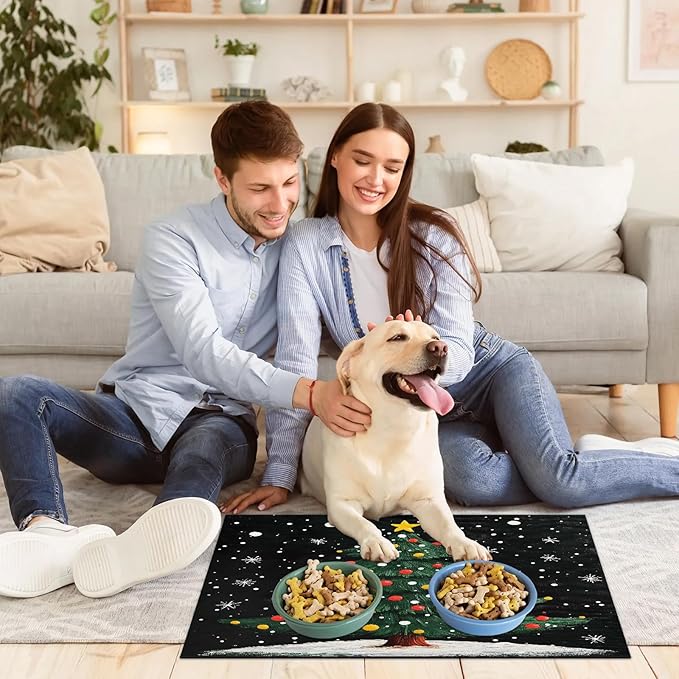 Christmas Tree Dog Food Mat for Floors Absorbent, Quick Dry Water Dispenser Mat for Food, Water, Pet Supplies 17" x 30", Xmas Pine Tree