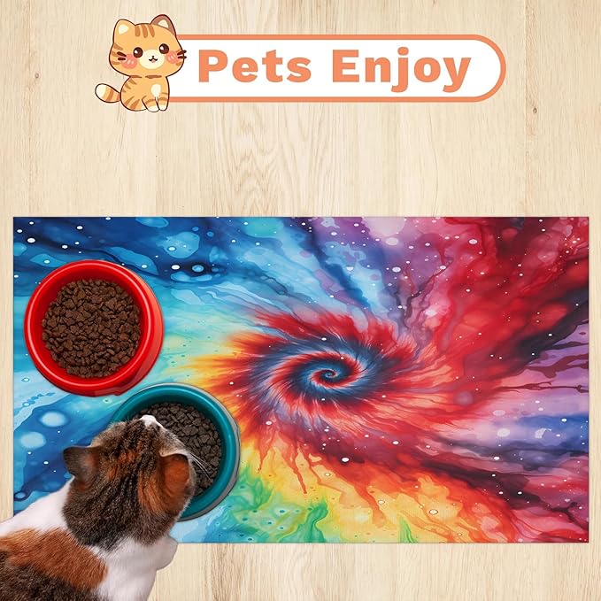 Tie Dye Dog Food Mat for Floors Absorbent, Quick Dry Water Dispenser Mat for Food, Water, Pet Supplies 16" x 24", Red Blue