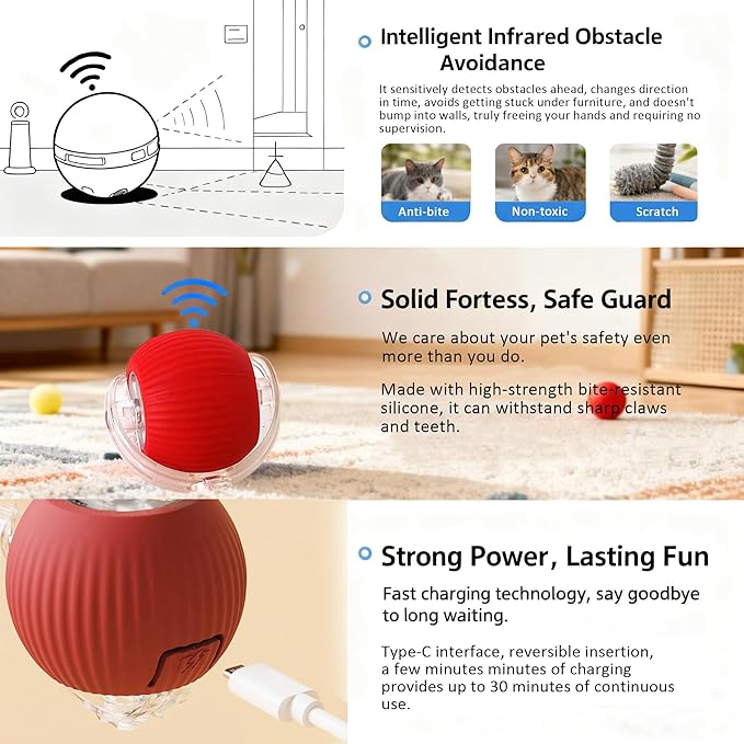 Cat Toy, 360° Automatic Rolling Smart Pet Ball Toys, Motion-Activated, Rechargeable, Four Modes, Three Speed Adjustment, Solve Your Cat's Boredom in Seconds (Grey)