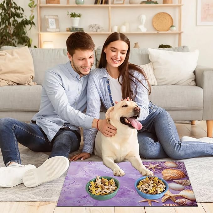Starfish Shell Dog Food Mat for Floors Absorbent Dog Bowl Mat for Food and Water Dispenser Quick Dry Cat Food Placemat Pet Supplies 17" x 30", Purple