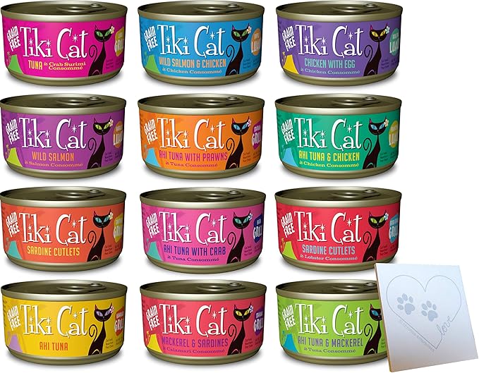 Tiki Cat Grain-Free Huge Variety Pack - 12 Total Flavors: Hawaiian Grill, Lanai Tuna, Makaha Mackerel, Tahitian Grill, Bora Bora Sardine, and More! Plus Pet Paws Notepad (2.8oz Each, 12 Total Cans)