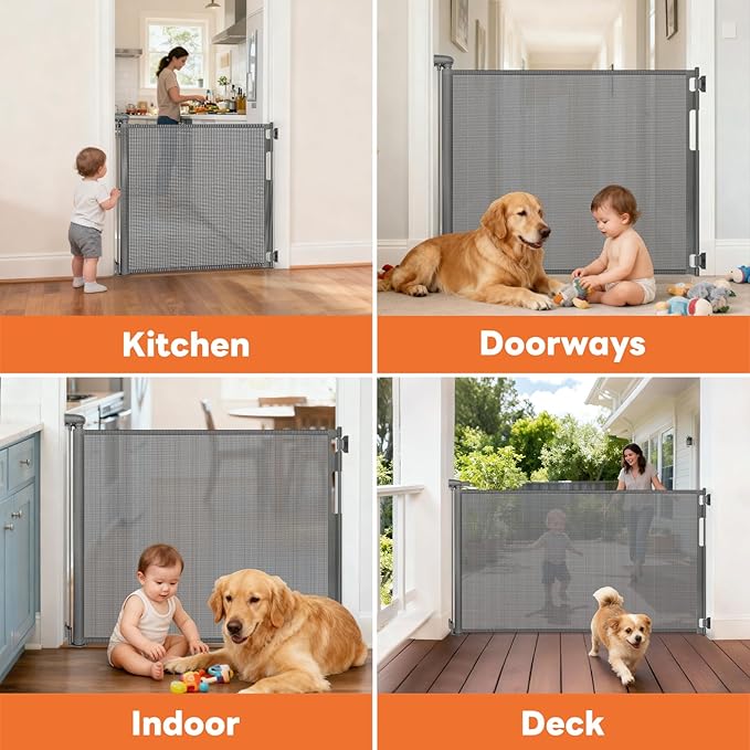 Retractable Baby Gates for Doorways, Mesh Dog Gate for Stairs, Pet Gate Indoor, Extends to 55" Wide 33" Tall, Safety Toddlers Gates for Hallways, Indoor & Outdoor Use, Gray