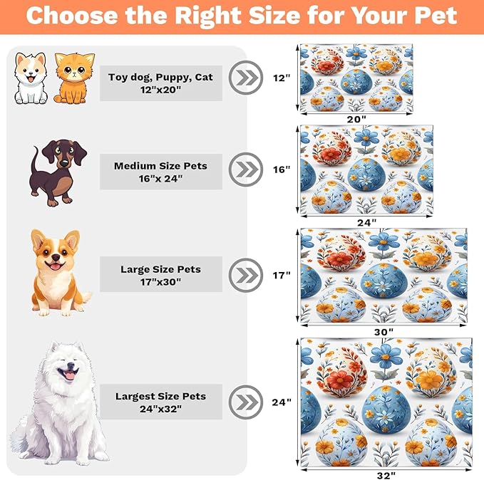 Floral Eggs Dog Food Mat for Floors Absorbent Dog Bowl Mat for Food and Water Dispenser Quick Dry Cat Food Placemat Pet Supplies 24" x 32", Happy Easter