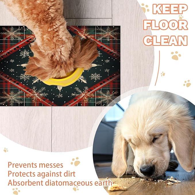 Christmas Check Dog Food Mat for Floors Absorbent, Quick Dry Water Dispenser Mat for Food, Water, Pet Supplies 24" x 32", Xmas Snowflake