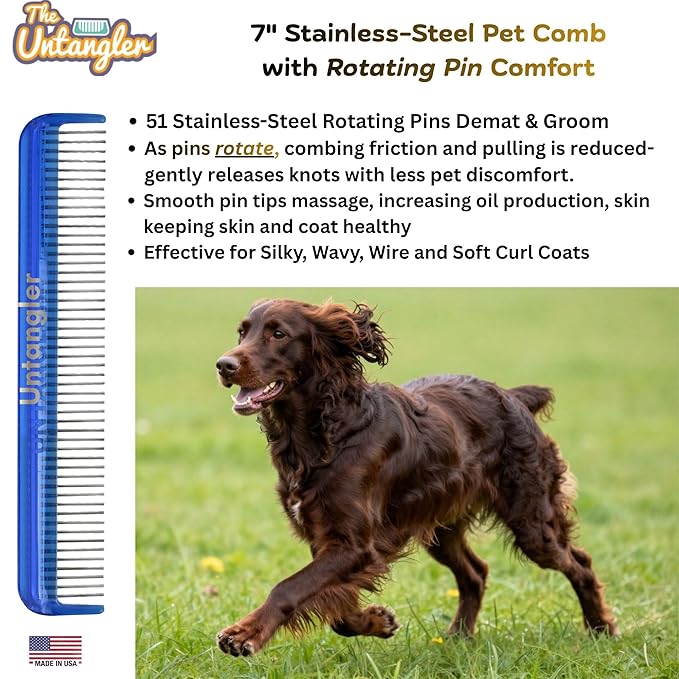 Pet comb for easy mat removal - silky smooth rotating teeth untangles without causing pain to pets. (7" Ocean Blue)