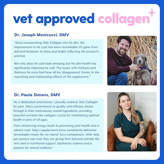 Taily Liquid Collagen for Dogs Skin and Coat Supplement, Cats | Taily Liquid Premium Grass-fed Collagen | Itch Relief for Dogs with Allergies, Biotin, Vitamin C and Hyaluronic Acid | Made in USA