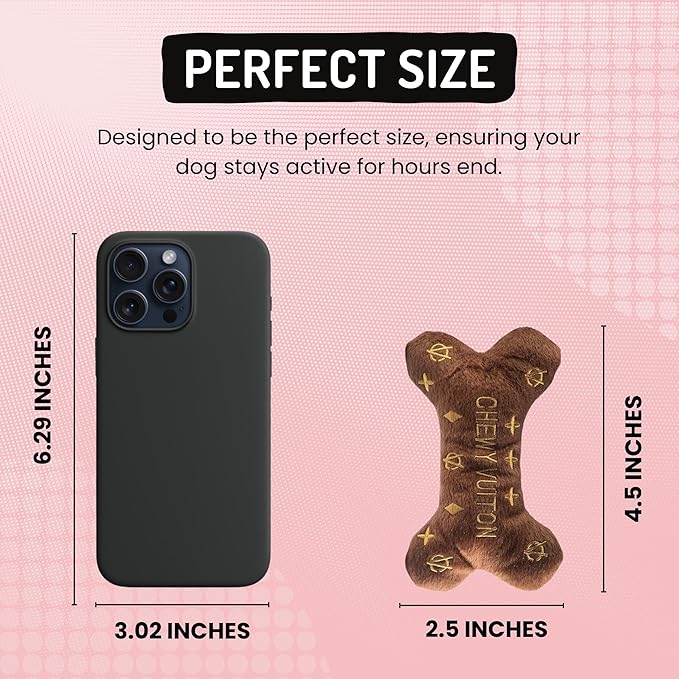 Dog Diggin Designs Chewy Vuiton Plush Dog Toy Bone | Luxury-Inspired Parody Designer Bone with Squeaker, Soft Plush Chew & Play Dog Toy – Prêt-à-Porter Play!