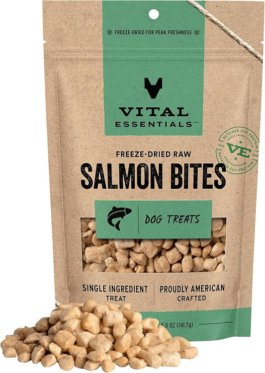 Vital Essentials Freeze Dried Dog Treats | Salmon Bites, Single Ingredient | Premium Quality | Grain Free Training Treats for Dogs, 5 oz Bag