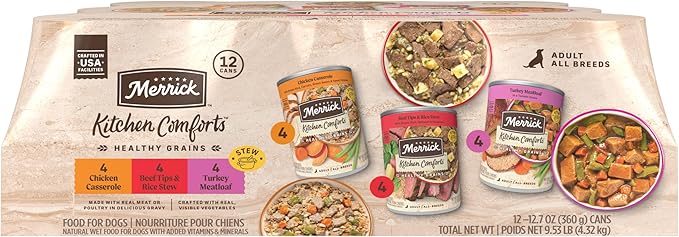 Merrick Kitchen Comforts Wet Dog Food Gravy, Variety Pack Real Meat and Brown Rice Dog Food with Grains - (Pack of 12) 9.5 lb. Cans