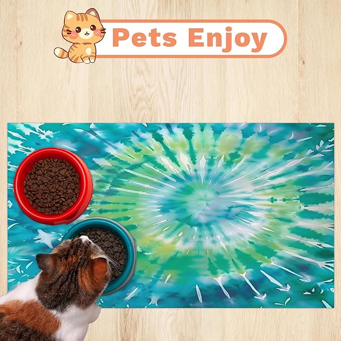 Tie Dye Dog Food Mat for Floors Absorbent, Quick Dry Water Dispenser Mat for Food, Water, Pet Supplies 12" x 20", Blue Green