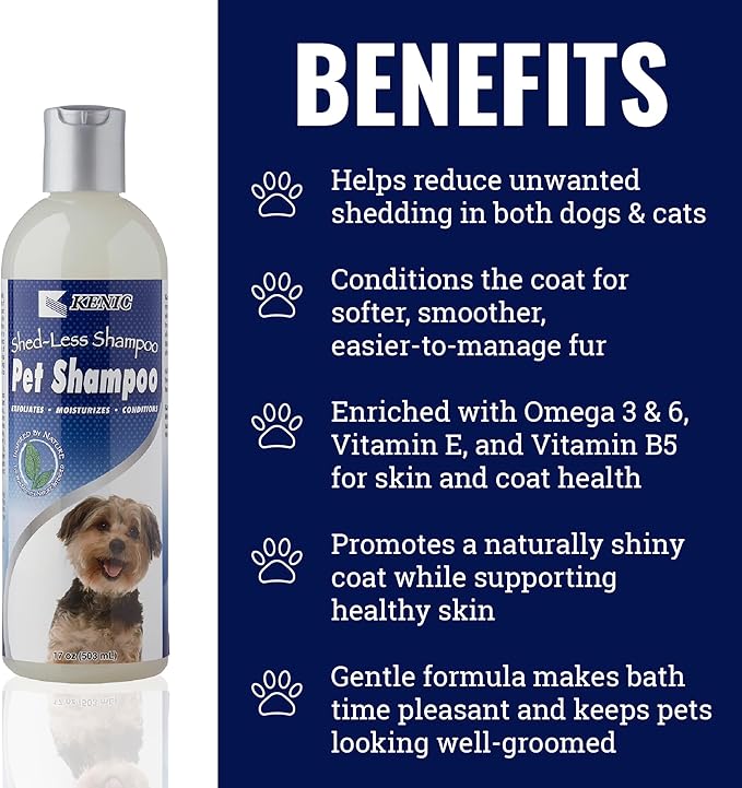 Kenic De-Shedding Dog Shampoo – Reduces Shedding with Omega-3, Omega-6, Vitamin E & B5, Gentle Conditioning Coat-Care Formula, Made in USA