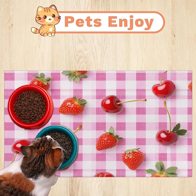 Red Strawberry Dog Food Mat for Floors Absorbent Dog Bowl Mat for Food and Water Dispenser Quick Dry Cat Food Placemat Pet Supplies 24" x 32", Buffalo Check