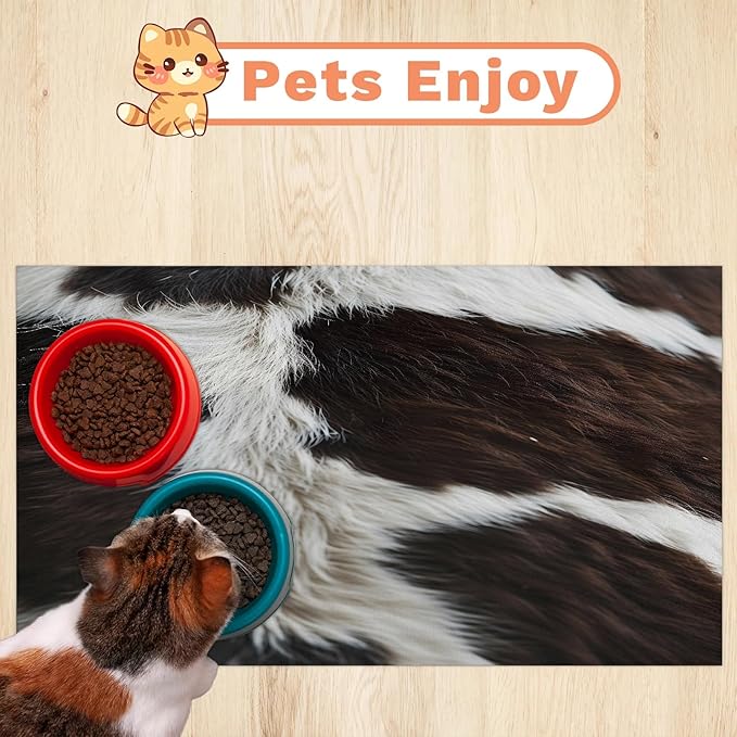 Cow Skin Dog Food Mat for Floors Absorbent Dog Bowl Mat for Food and Water Dispenser Quick Dry Cat Food Placemat Pet Supplies 17" x 30", Brown White Fur