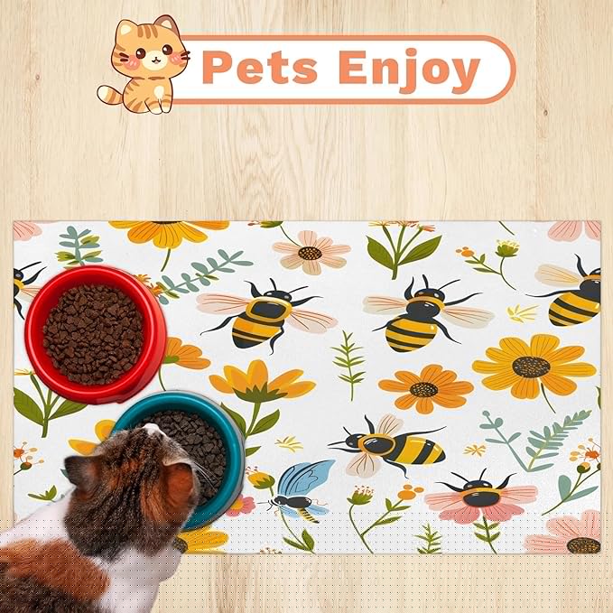 Spring Flower Dog Food Mat for Floors Absorbent, Quick Dry Water Dispenser Mat for Food, Water, Pet Supplies 12" x 20", Bee