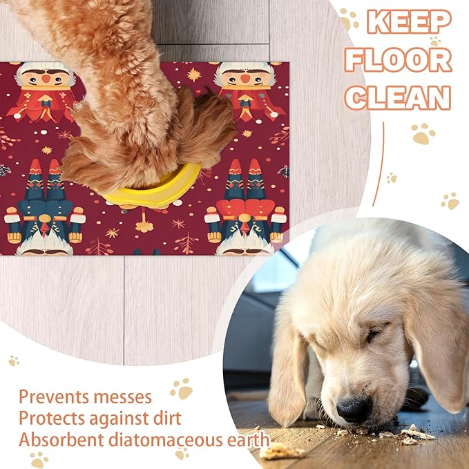 Nutcrackers Dog Food Mat for Floors Absorbent, Quick Dry Water Dispenser Mat for Food, Water, Pet Supplies 16" x 24", Christmas