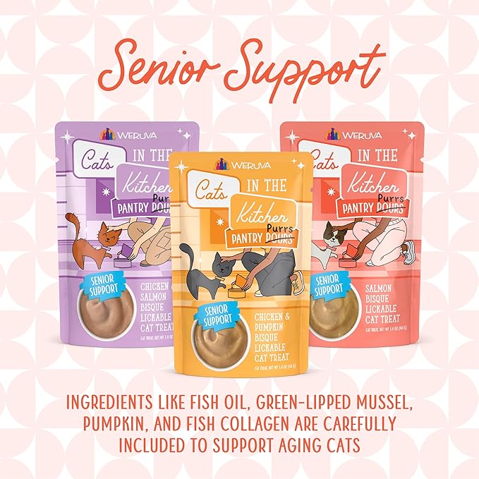 Weruva Cats in The Kitchen Pantry Pours, Chicken and Salmon Bisque with Senior Support, 1.4oz Pouch, Pack of 12