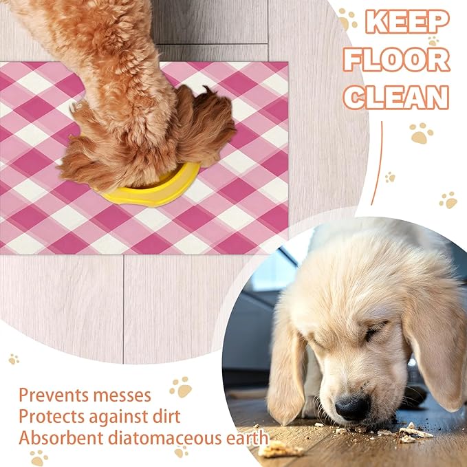 Pink Plaid Dog Food Mat for Floors Absorbent, Quick Dry Water Dispenser Mat for Food, Water, Pet Supplies 16" x 24", Checkerboard
