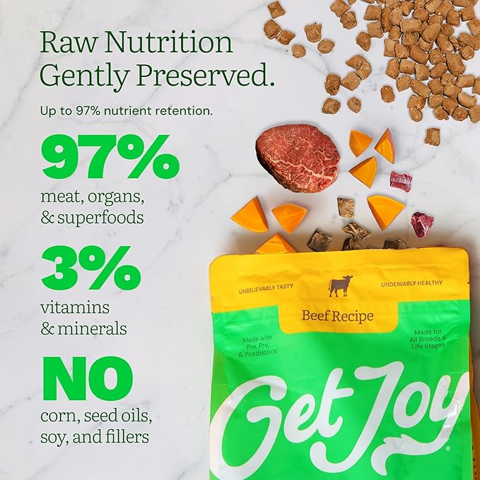 Get Joy Freeze Dried Raw Beef Meal, High Protein Grain Free, Dry Dog Food Meal Mixer and Topper, with Probiotics for Gut Health, Made with 100% USDA Organ Meat, for All Breeds and Ages, 32oz Bag