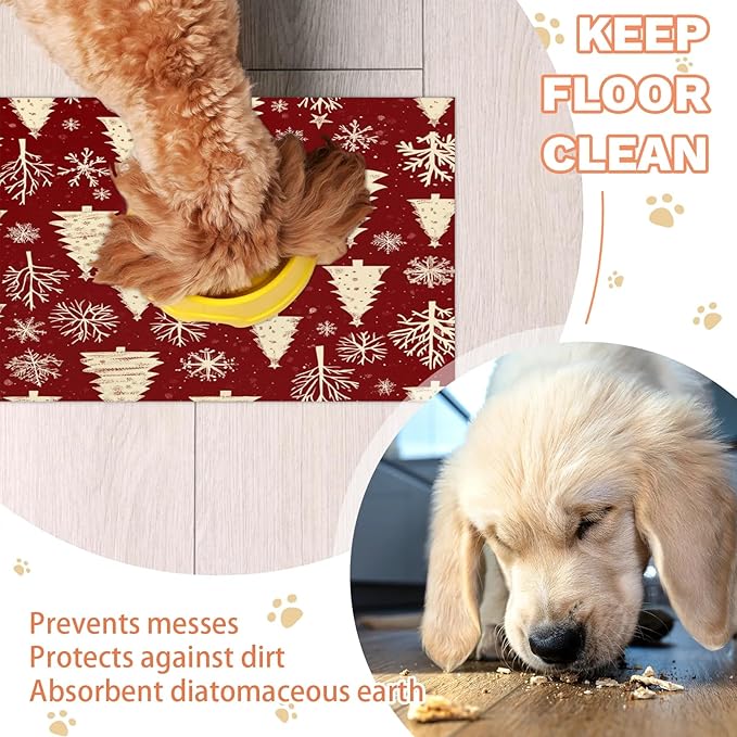 Xmas Tree Dog Food Mat for Floors Absorbent, Quick Dry Water Dispenser Mat for Food, Water, Pet Supplies 17" x 30", Christmas Snowflakes