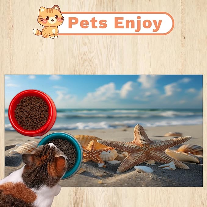 Nautical Coastal Dog Food Mat for Floors Absorbent, Quick Dry Water Dispenser Mat for Food, Water, Pet Supplies 24" x 32", Starfish Seashell