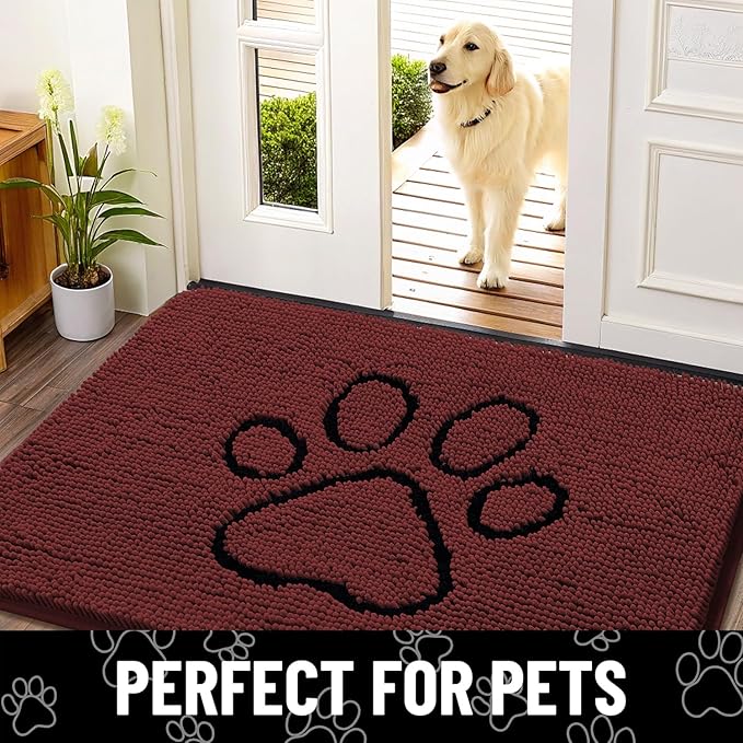 Smiry Dog Door Mat for Muddy Paws, Absorbent Dirt Trapper Non Slip Quick Dry Washable Chenille Mat for Mud Dogs, Entry Rug for Indoor and Outdoor (36x24 Inches, Caramel Russet and Black