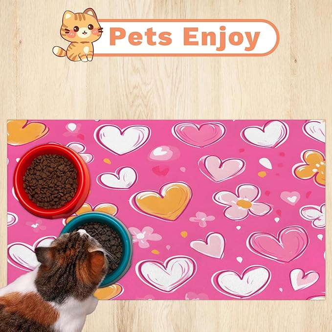 Love Heart Dog Food Mat for Floors Absorbent, Quick Dry Water Dispenser Mat for Food, Water, Pet Supplies 12" x 20", Pink Yellow