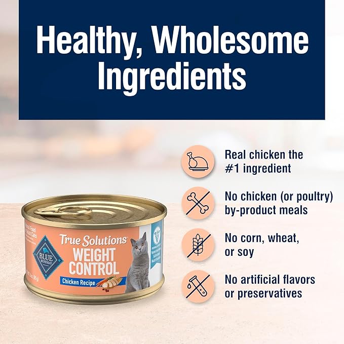Blue Buffalo True Solutions Weight Control Wet Cat Food for Adult Cats,Made with Natural Ingredients,Chicken,3-oz. Cans,(Pack of 48)