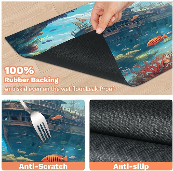 Pirate Ship Dog Food Mat for Floors Absorbent, Quick Dry Water Dispenser Mat for Food, Water, Pet Supplies 16" x 24", Ocean Sea