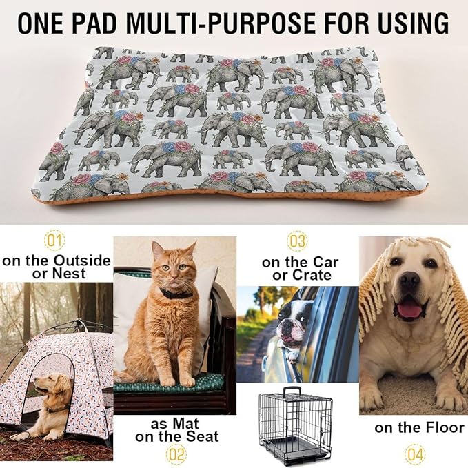 Dog Bed for Crate Washable Pet Sleep Pad, Elephant Print Kennel Mat with Non-Slip Bottom, Soft Fluffy Supplies Pet for Dogs and Cats (36x24 inch)