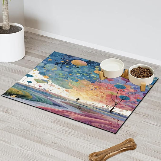 Forest Dog Food Mat for Floors Absorbent, Quick Dry Water Dispenser Mat for Food, Water, Pet Supplies 24" x 32", Colorful Balloon