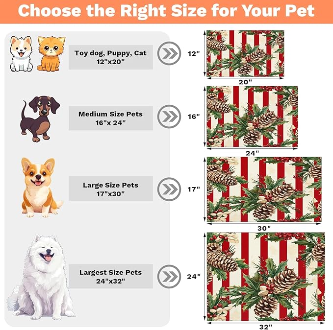 Xmas Pinecone Dog Food Mat for Floors Absorbent, Quick Dry Water Dispenser Mat for Food, Water, Pet Supplies 17" x 30", Christmas Holly