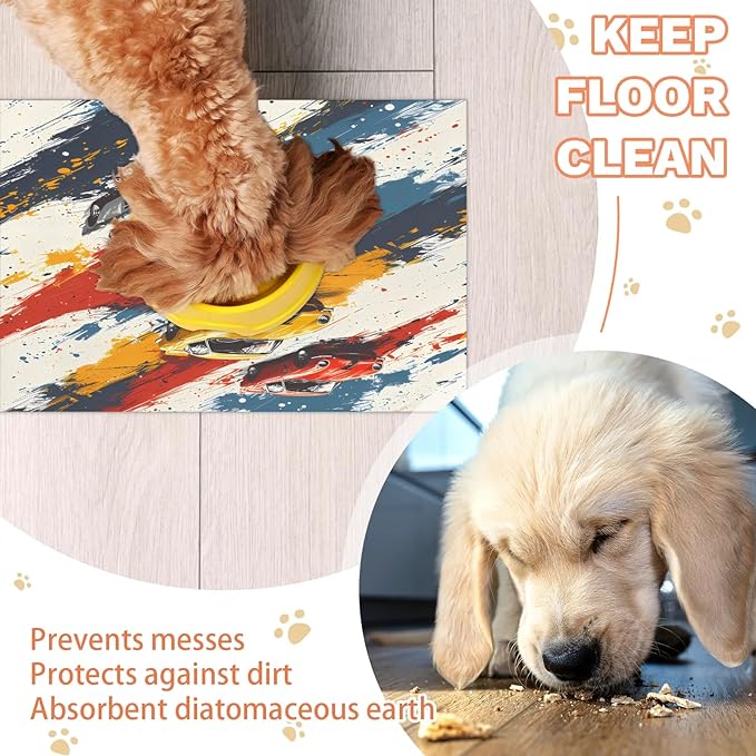 Race Car Dog Food Mat for Floors Absorbent, Quick Dry Water Dispenser Mat for Food, Water, Pet Supplies 24" x 32", Retro Car