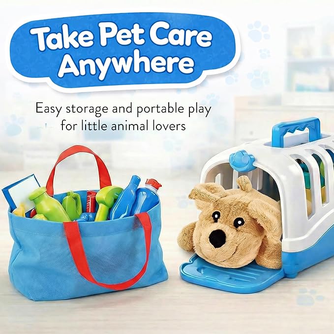 34-Piece Kids Pretend Vet Playset, Veterinarian Role Play Doctor Toy Kit with Plush Dog & Cat, Pet Care Grooming Set with Carrier & Medical Tools