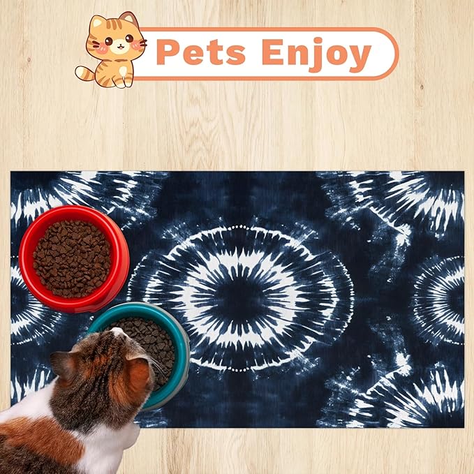 Black Tie Dye Dog Food Mat for Floors Absorbent, Quick Dry Water Dispenser Mat for Food, Water, Pet Supplies 16" x 24", Boho Tie Dye