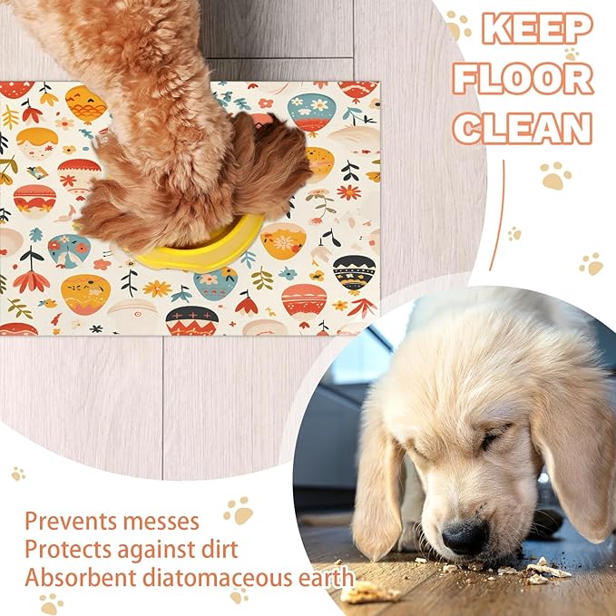 Spring Easter Dog Food Mat for Floors Absorbent Dog Bowl Mat for Food and Water Dispenser Quick Dry Cat Food Placemat Pet Supplies 24" x 32", Wildflower Egg