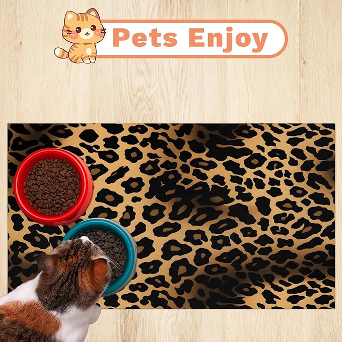 Leopard Print Dog Food Mat for Floors Absorbent Dog Bowl Mat for Food and Water Dispenser Quick Dry Cat Food Placemat Pet Supplies 16" x 24", Wild Animal Skin