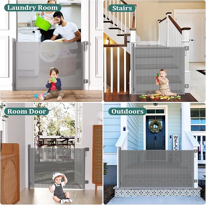 Retractable Baby Gates No Drilling | 54" Wide x 34" Tall Dog Gates for Stairs | Indoor/Outdoor Use | Child Gates for Doorways, Deck, Porch, Hallways, Patio - Gray
