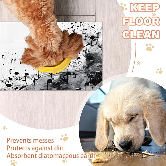 Musical Notes Dog Food Mat for Floors Absorbent Dog Bowl Mat for Food and Water Dispenser Quick Dry Cat Food Placemat Pet Supplies 16" x 24", Black Music Note