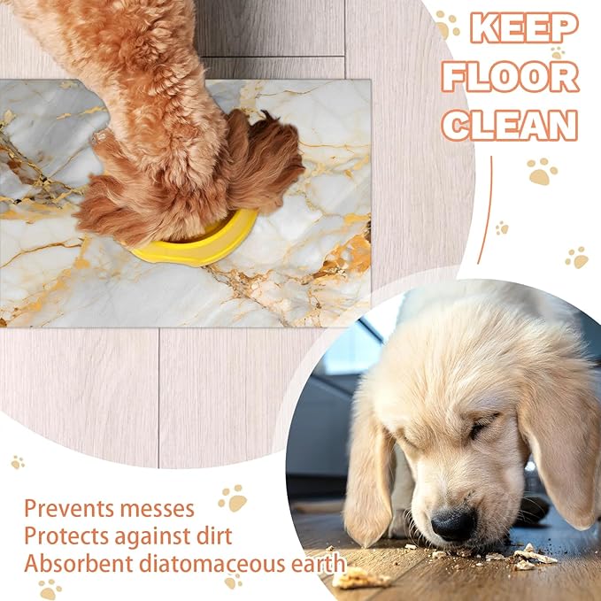 Marble Dog Food Mat for Floors Absorbent, Quick Dry Water Dispenser Mat for Food, Water, Pet Supplies 12" x 20", Golden White Abstract