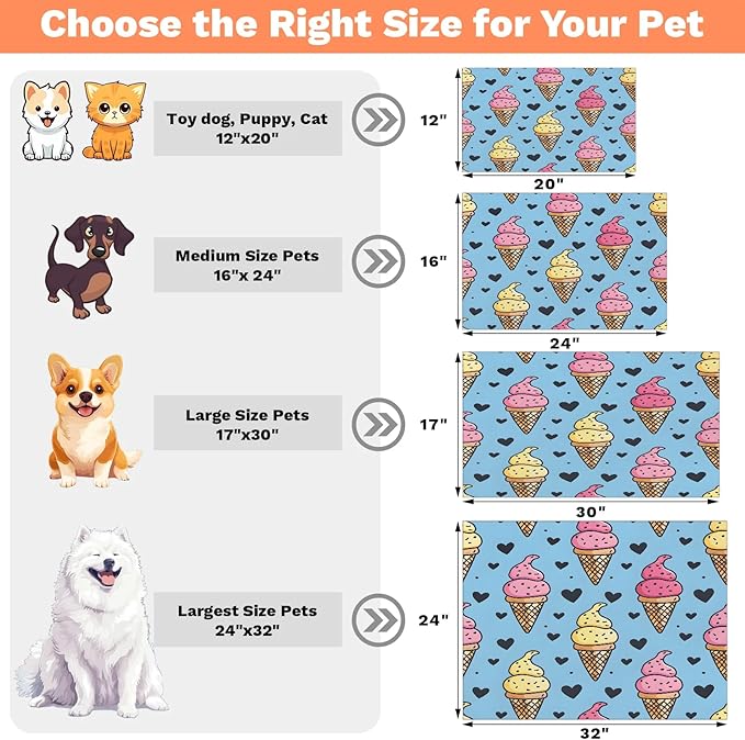 Ice Cream Dog Food Mat for Floors Absorbent Dog Bowl Mat for Food and Water Dispenser Quick Dry Cat Food Placemat Pet Supplies 17" x 30", Love Heart