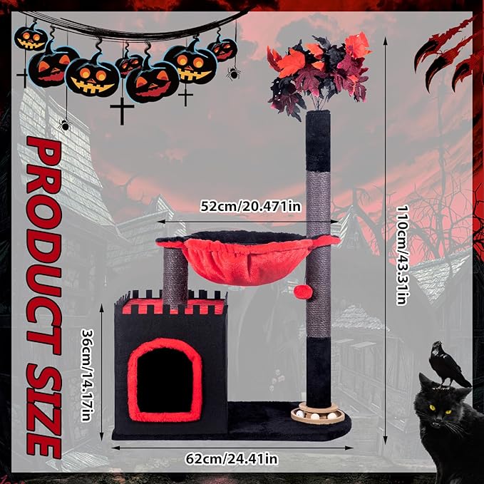 Cat Tree 38" Tower with Large Hammock, Scratching Post for Indoor Cats with Condo, Cat Furniture Track Balls and Bouncy Ball, Red Black