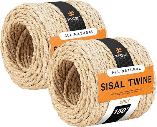 Sisal Twine - Thin Natural Fiber Rope on Spool - Rope for Cat Scratching Post, Cat Tree Replacement Parts, Pet Toy - Decorative Cordage, Pole Wrap (2, 2 Ply 150ft)