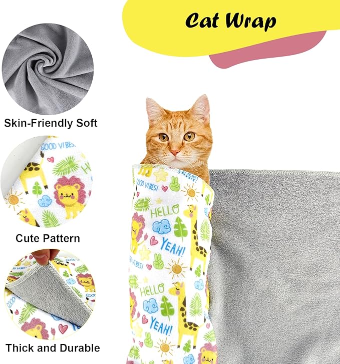 Cat Wrap for Cutting Nails and Grooming,Cat Restraint Wrap for Nail Clipping,Self-Adhesive Fabric Cat Swaddle Burrito Wrap for Nail Trimming (Giraffe Lion Style)