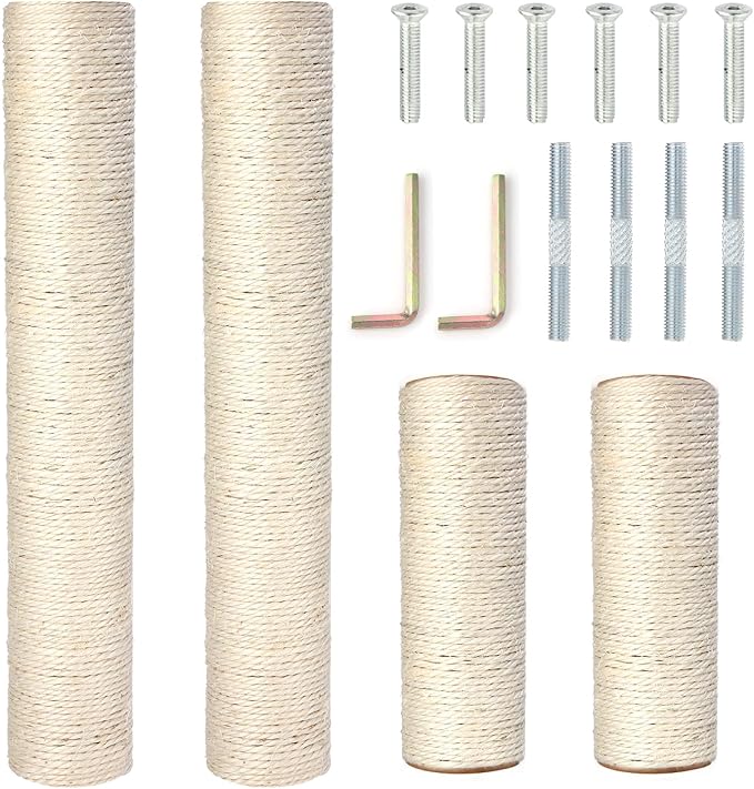 Barelove Cat Scratching Post Replacement, 4 Pieces Cat Scratcher Cat Tree Replacement Parts, 15.4'' x 2.67" Dia + 7.87“ x 2.67" DiaNatural Sisal Rope Cat Scratch Posts Include M8 Screws